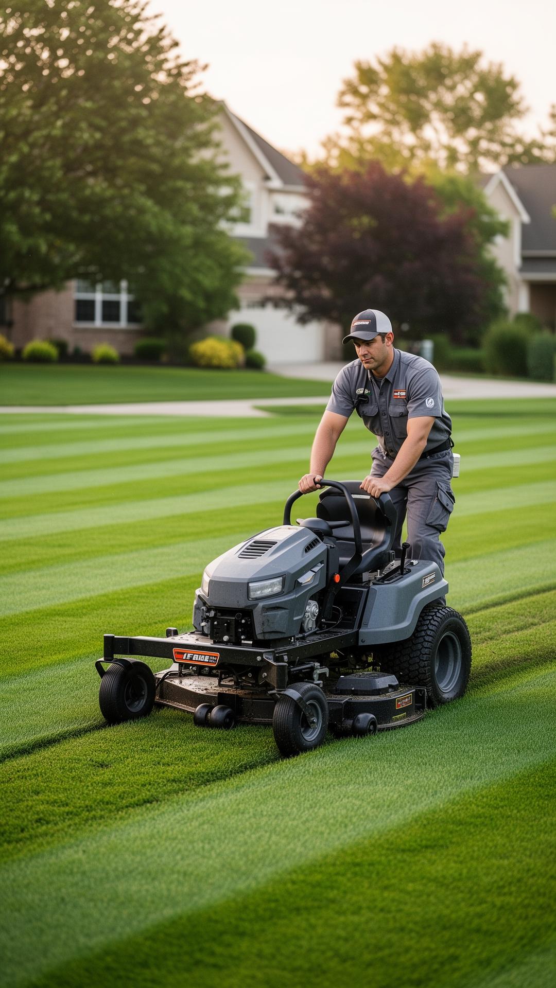Clean Cuts Lawn Care crew member mowing a striped lawn